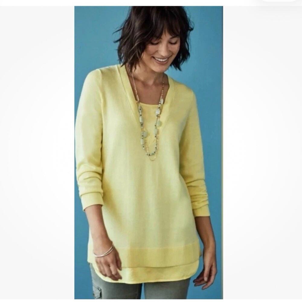 J.Jill Women’s M Yellow Butter Yellow V-Neck Mixed Media Layered Sweater Casual